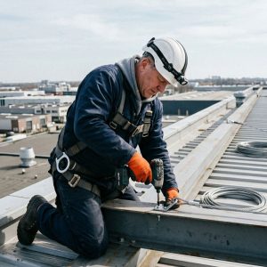 Tecnico installa sistema linea vita anticaduta su copertura industriale
